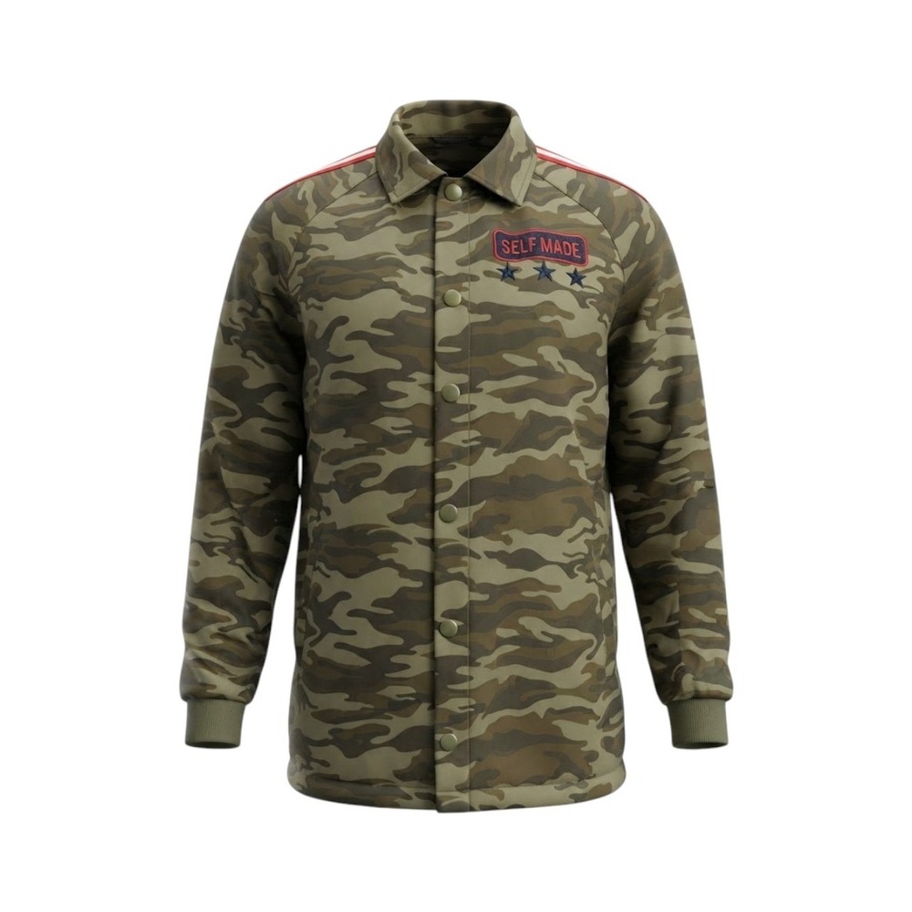 Self Made Camo Side Stripe Patch Snap Front Green Coach Jacket